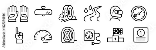 Racing, motorsports outline icon set. speed, helmets, tires, gauges sleek collection