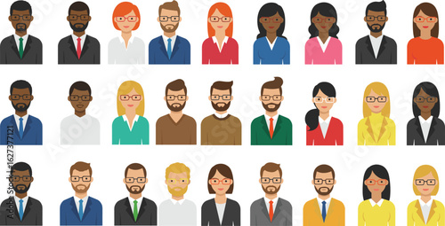 Diverse business professionals avatars set, corporate team icons, office lifestyle, teamwork, leadership, communication, modern workplace, multicultural business environment