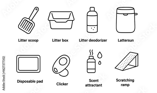 Pet care line icon set. litter, scoop, deodorizer, and cleaning supplies collection