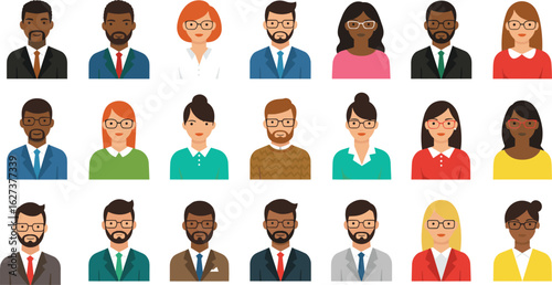 Diverse business professional avatars set, corporate people icons, teamwork and leadership, modern office lifestyle, multicultural work environment, communication