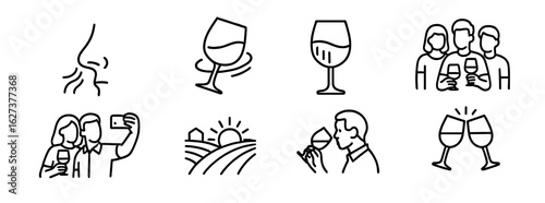 Wine tasting line icon set. sommelier, vineyard, cheers line art collection