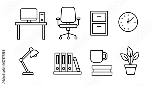 Office essentials line icon set. workplace, productivity tools, furniture icons collection