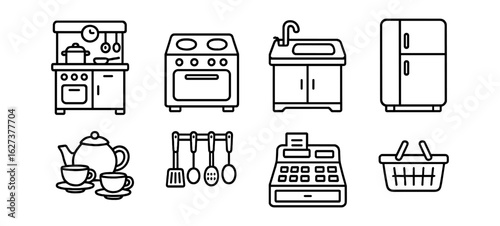 Home and kitchen outline icon set. appliances, cooking, dining outline collection
