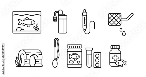 Aquarium equipment outline icon set. fish tank, heater, medicine linear icons collection