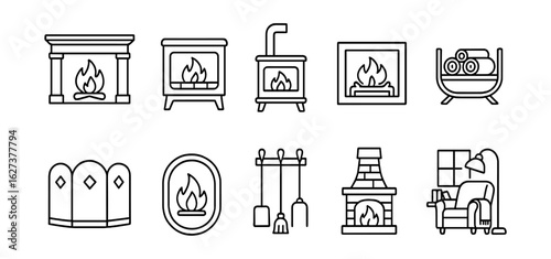 Fireplace, hearth outline icon set: cozy winter essentials, minimal home decor icons