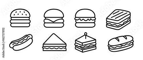Fast food line icon set. burgers, sandwiches, hot dogs in outline collection