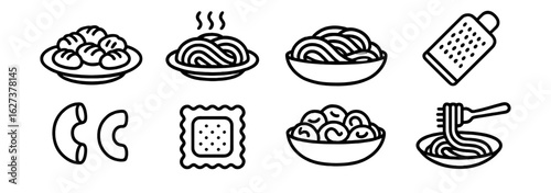 Food and cooking outline icon set. pasta, ingredients, utensils outline collection