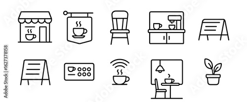 Coffee shop, cafe line icon set. relaxed style cafe icons outline collection