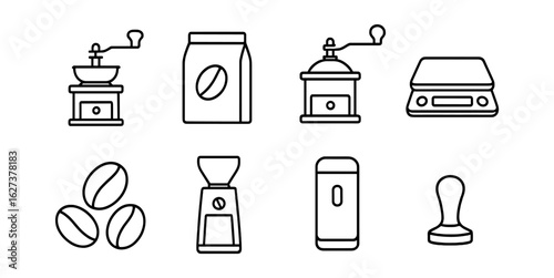 Coffee equipment linear icon set. grinder, brews, beans, barista, cafe
