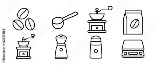Coffee line icon set. grinder, bean, scale, antique mill outline icons collection