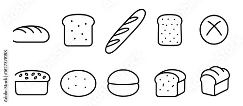 Bakery and bread outline icon set. loaves, baguettes, buns, pastries visual collection