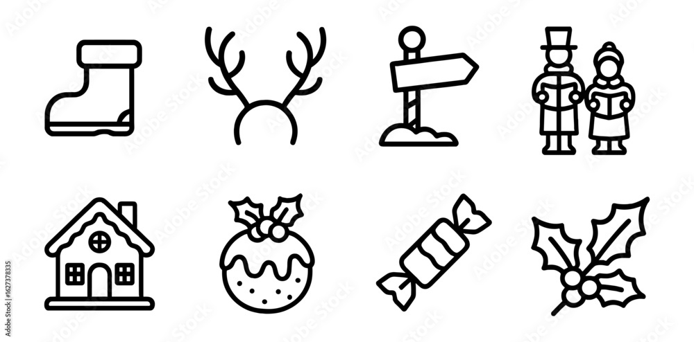 Obraz premium Christmas holiday festivities outline icon set. decorations, winter symbols collection