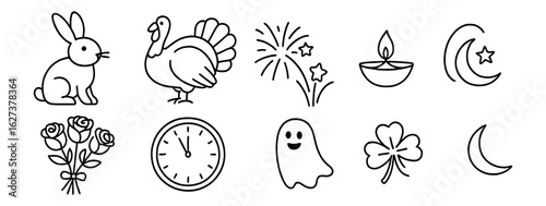 Holiday, celebration outline icon set. festive, seasonal symbols in line art