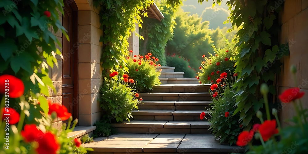 Fototapeta premium A stone staircase winds upwards, flanked by lush greenery and vibrant red poppies. Sunlight filters through the leaves, casting a warm glow on the scene