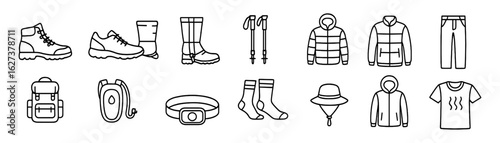 Outdoor adventure icon set. hiking, camping gear in linear style collection