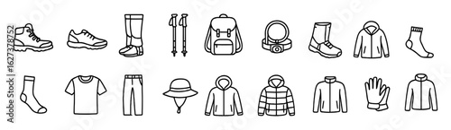 Hiking and outdoor gear icon set. adventure essentials outlined in sleek detail