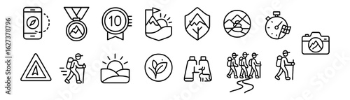 Adventure and hiking linear icon set for outdoor enthusiasts and nature lovers