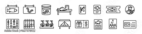 Fishing linear icon set. equipment, catch, bait, hook, line symbols collection