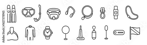 Diving equipment line icon set. scuba, snorkeling, ocean gear in outline style