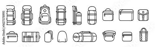 Backpack and luggage line icon set. travel, adventure gear icons outline collection