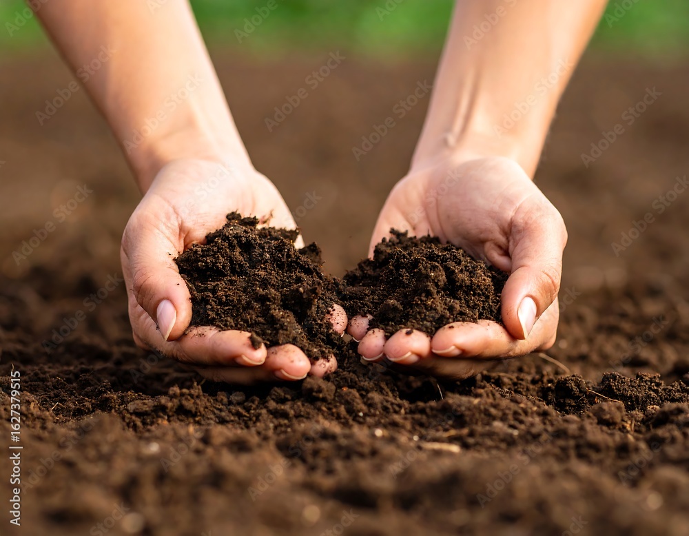 Hands holding rich soil for planting, symbolizing growth, sustainability and nature's care Hands holding rich soil for planting, symbolizing growth, sustainability and nature's care