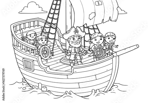 Adventurous pirate crew sailing the high seas in a fun silhouette illustration for kids, vector graphics, coloring page