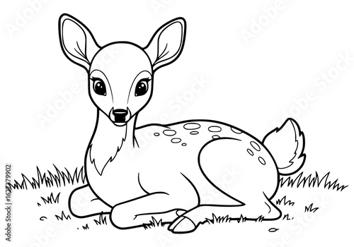 Adorable deer fawn silhouette resting peacefully in field of grass, charming wildlife illustration, coloring page