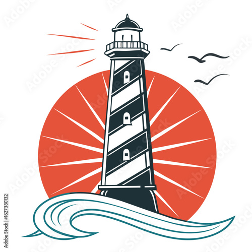 Stylized lighthouse with sun rays and waves vector graphic beacon tower