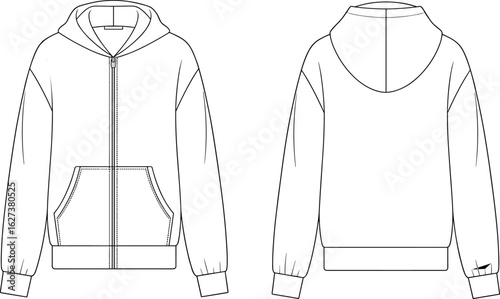 Front and back technical flat sketch of zip-up hoodie with kangaroo pocket, ribbed hem, casual fit for lifestyle fashion