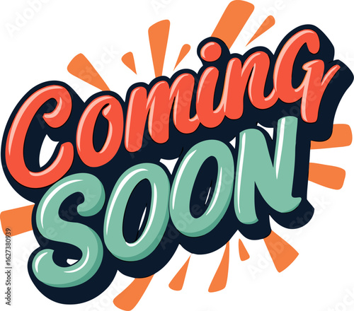 Coming Soon red announcement banner. Upcoming events, promotions or product launches. New business starting icon