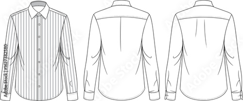 Men’s striped button-up shirt, front and back views, formal and casual style, fashion apparel template, clothing design illustration