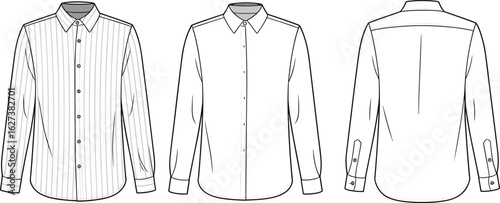 Men’s striped long sleeve shirt, button-down front and back views, formal and casual style, fashion apparel design template