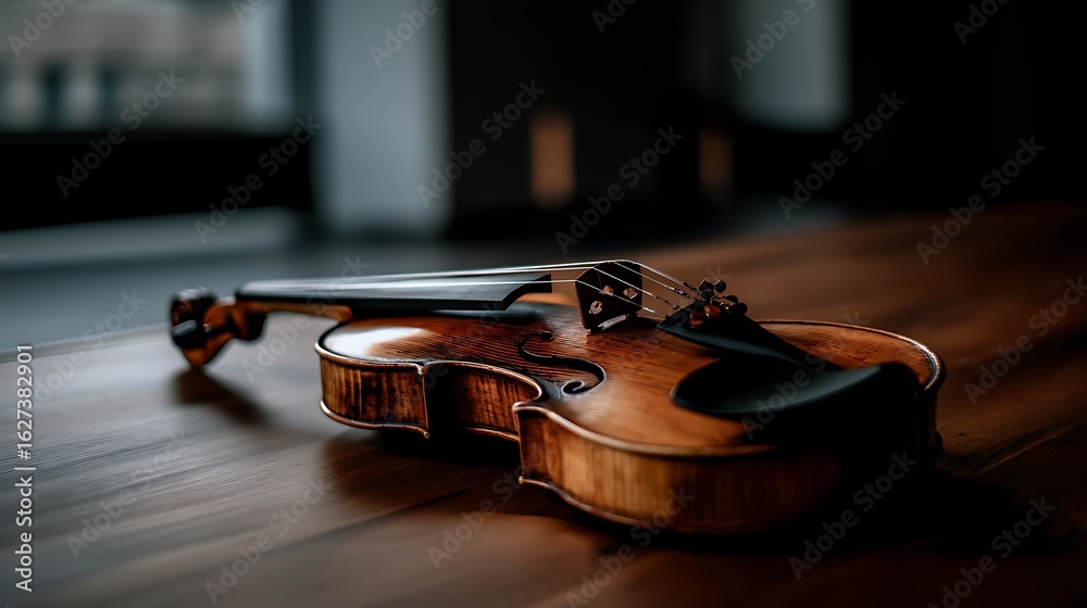 Fototapeta premium Aged violin music studio closeup photography natural light artistic perspective capturing timeless craftsmanship