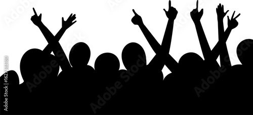 People silhouetted with hands raised cheering. Audience at concert or festival. Crowd celebration background for event.