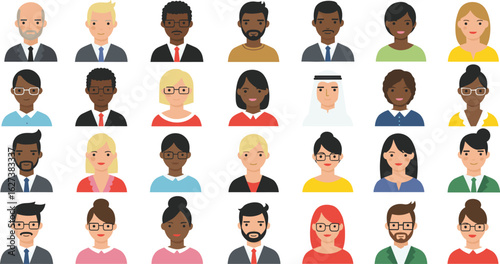 Multicultural business avatars set, diverse professional characters, corporate office icons, teamwork and leadership, modern workplace lifestyle, communication, collaboration, inclusion