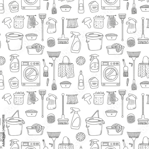 Seamless doodle pattern of cleaning supplies and tools, perfect for home lifestyle, hygiene routines, cleanliness, and household activity illustrations