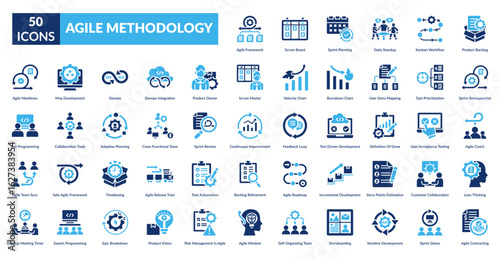 Agile Methodology Fill Icon Set. Agile Framework, Scrum Board, Sprint Planning, Daily Check In, Kanban Process, Product Tasks, Sprint Reflection