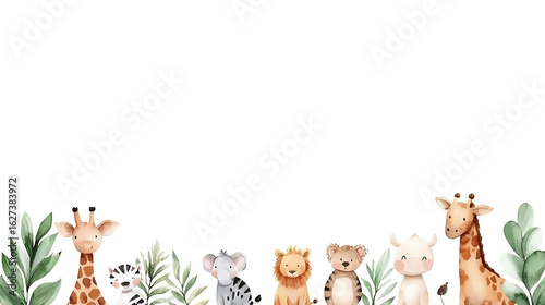 Cute cartoon safari zoo with animal frame border featuring giraffe, zebra, lion, and more, surrounded by lush greenery