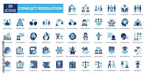 Conflict Resolution Fill Icon Set. Workplace Conflict, Team Disagreement, Manager Mediation, Neutral Facilitator, Passive Tension, Reconciliation Moment, Team Dynamics