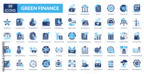 Green Finance Fill Icon Set. Climate Fund, Ethical Banking, Clean Energy, Carbon Offset, Net Zero, Responsible Lending, Eco Model
