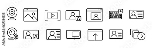 Communication and media outline icon set. web, video, chat, and messaging symbols