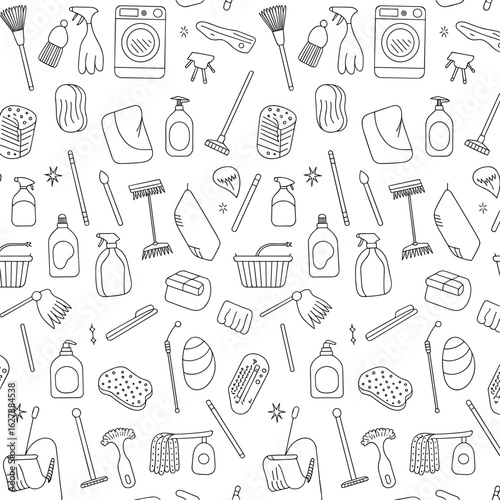 Seamless hand-drawn pattern of cleaning tools and household items for daily chores, hygiene habits, and home lifestyle illustrations