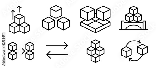 Technology, blockchain outline icon set. virtual currency, data network symbols