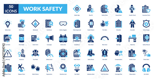 Work Safety Fill Icon Set. Safety Sign, Ppe Kit, Safety Rules, Hazard Alert, Health Check, Insurance Form, Safety Badge