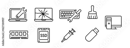 Computer repair line icon set. device maintenance symbols, tools outline icons