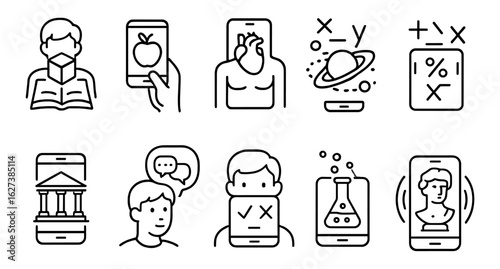 Education and science outline icon set: learning, knowledge, study line art collection