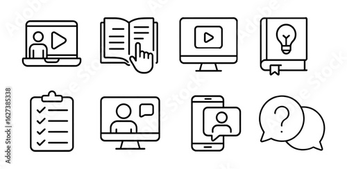 Education and learning line icon set. online courses, reading, video, chat symbols
