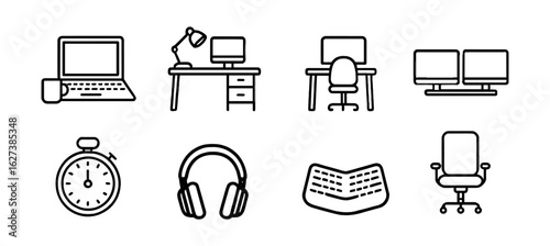 Office equipment linear icon set. desk, chair, computer, headphones in outline style