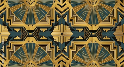 Geometric seamless pattern in golden and teal hues with symmetrical designs, concept for luxurious wallpapers, opulent textiles and sophisticated backgrounds