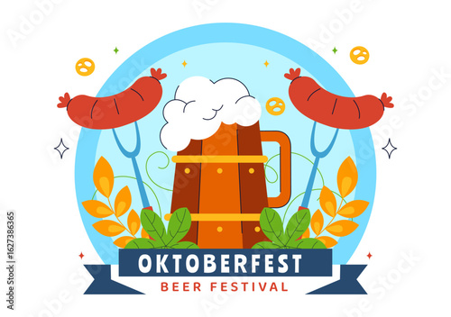Happy Oktoberfest Party Festival Vector Illustration Featuring Beer, Sausage, Gingerbread, Barrels, German Flag, and Wheat in a Flat Background